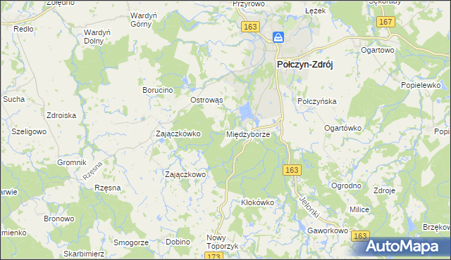 mapa Międzyborze gmina Połczyn-Zdrój, Międzyborze gmina Połczyn-Zdrój na mapie Targeo