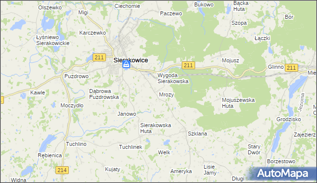 mapa Mrozy gmina Sierakowice, Mrozy gmina Sierakowice na mapie Targeo