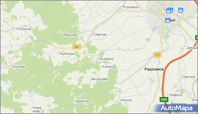 mapa Myślibórz gmina Paszowice, Myślibórz gmina Paszowice na mapie Targeo