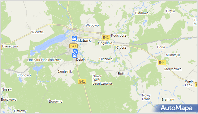 mapa Olszewo gmina Lidzbark, Olszewo gmina Lidzbark na mapie Targeo
