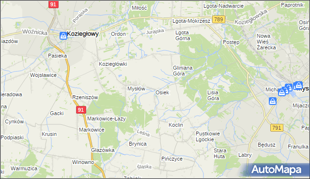 mapa Osiek gmina Koziegłowy, Osiek gmina Koziegłowy na mapie Targeo