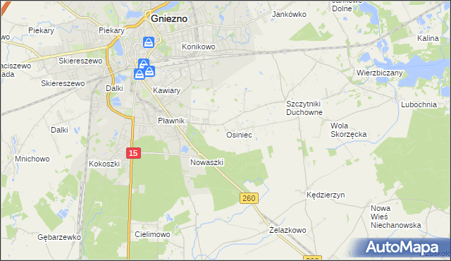 mapa Osiniec gmina Gniezno, Osiniec gmina Gniezno na mapie Targeo