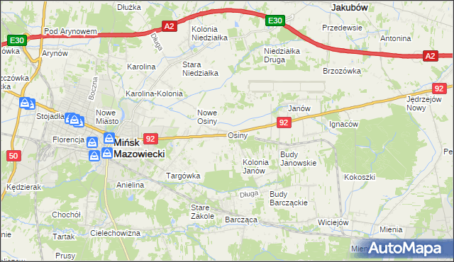 mapa Osiny gmina Mińsk Mazowiecki, Osiny gmina Mińsk Mazowiecki na mapie Targeo
