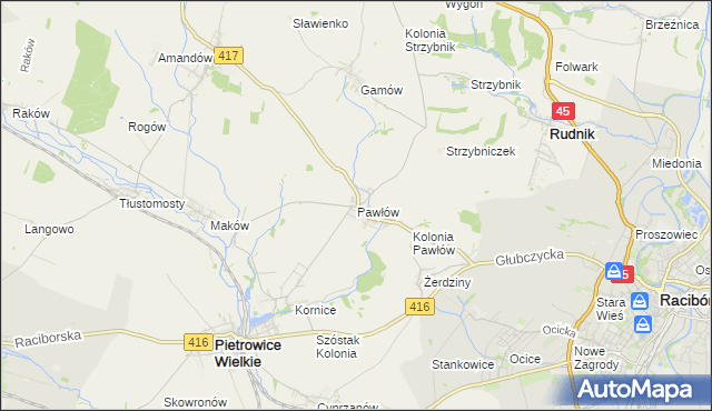 mapa Pawłów gmina Pietrowice Wielkie, Pawłów gmina Pietrowice Wielkie na mapie Targeo