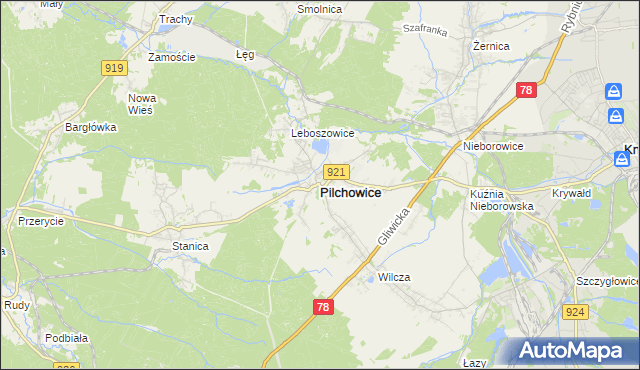 mapa Pilchowice powiat gliwicki, Pilchowice powiat gliwicki na mapie Targeo