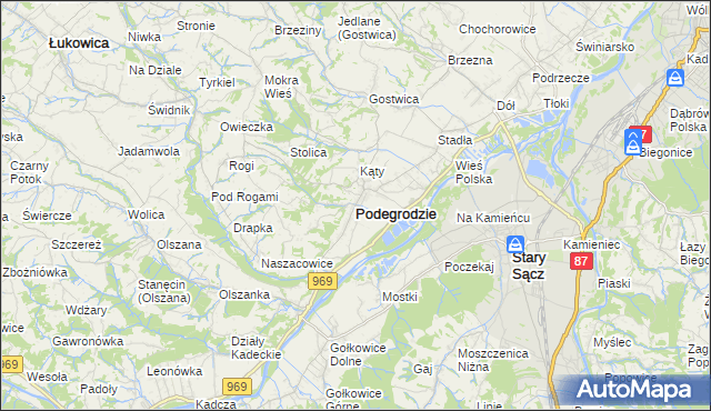 mapa Podegrodzie powiat nowosądecki, Podegrodzie powiat nowosądecki na mapie Targeo