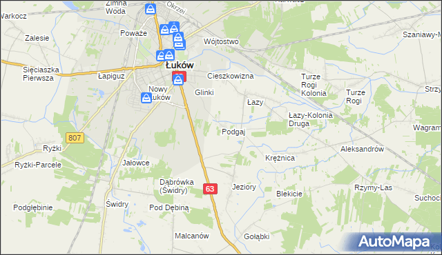 mapa Podgaj gmina Łuków, Podgaj gmina Łuków na mapie Targeo