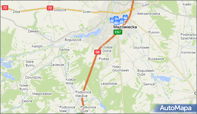mapa Podlas gmina Rawa Mazowiecka, Podlas gmina Rawa Mazowiecka na mapie Targeo