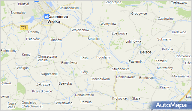 mapa Podolany gmina Kazimierza Wielka, Podolany gmina Kazimierza Wielka na mapie Targeo