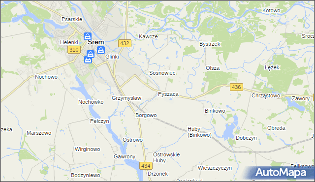 mapa Pysząca gmina Śrem, Pysząca gmina Śrem na mapie Targeo