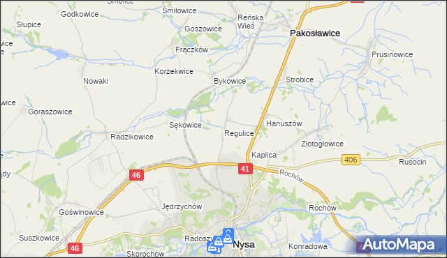 mapa Regulice gmina Nysa, Regulice gmina Nysa na mapie Targeo