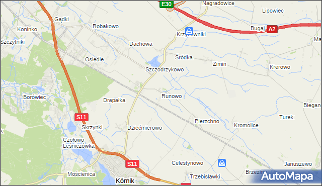 mapa Runowo gmina Kórnik, Runowo gmina Kórnik na mapie Targeo
