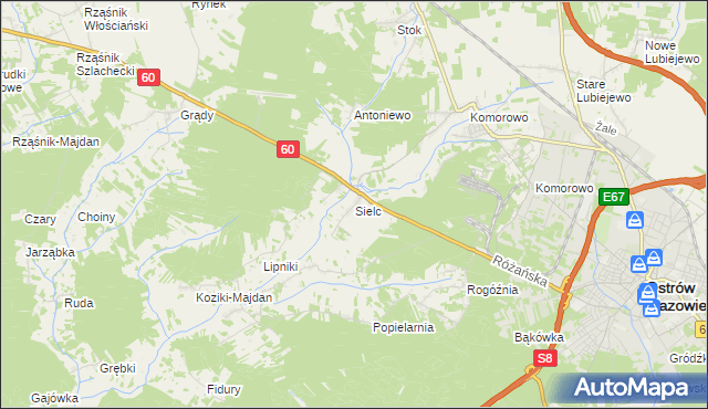 mapa Sielc gmina Ostrów Mazowiecka, Sielc gmina Ostrów Mazowiecka na mapie Targeo