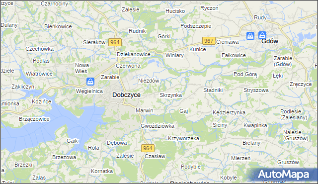 mapa Skrzynka gmina Dobczyce, Skrzynka gmina Dobczyce na mapie Targeo