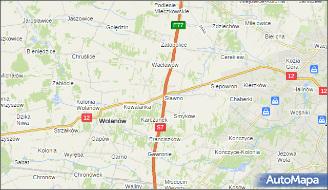 mapa Sławno gmina Wolanów, Sławno gmina Wolanów na mapie Targeo