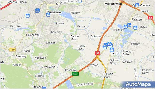mapa Suchy Las gmina Michałowice, Suchy Las gmina Michałowice na mapie Targeo