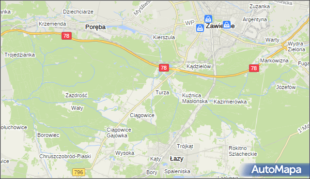 mapa Turza gmina Łazy, Turza gmina Łazy na mapie Targeo
