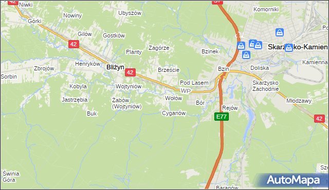 mapa Wołów gmina Bliżyn, Wołów gmina Bliżyn na mapie Targeo