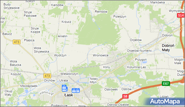 mapa Wronowice gmina Łask, Wronowice gmina Łask na mapie Targeo