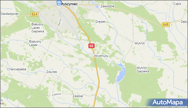 mapa Wydmusy, Wydmusy na mapie Targeo