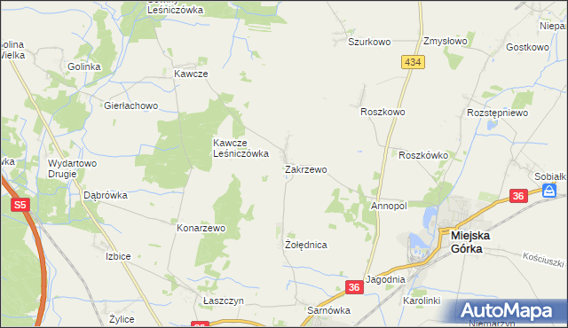 mapa Zakrzewo gmina Miejska Górka, Zakrzewo gmina Miejska Górka na mapie Targeo