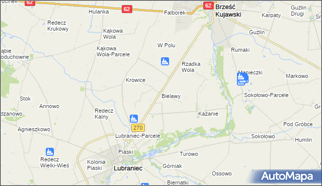 mapa Bielawy gmina Lubraniec, Bielawy gmina Lubraniec na mapie Targeo