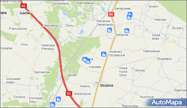 mapa Bielawy gmina Strzelce, Bielawy gmina Strzelce na mapie Targeo