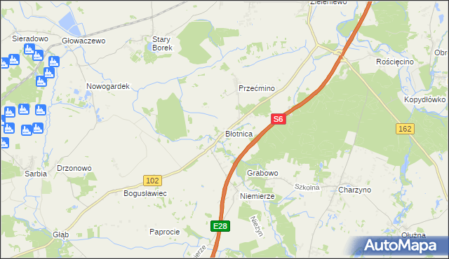 mapa Błotnica gmina Kołobrzeg, Błotnica gmina Kołobrzeg na mapie Targeo