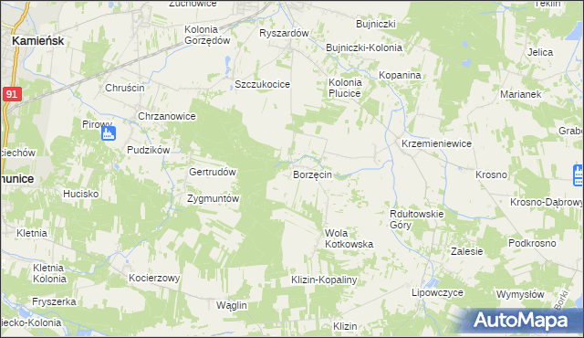 mapa Borzęcin gmina Gorzkowice, Borzęcin gmina Gorzkowice na mapie Targeo