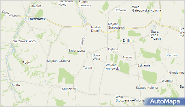 mapa Boża Wola gmina Zakrzew, Boża Wola gmina Zakrzew na mapie Targeo