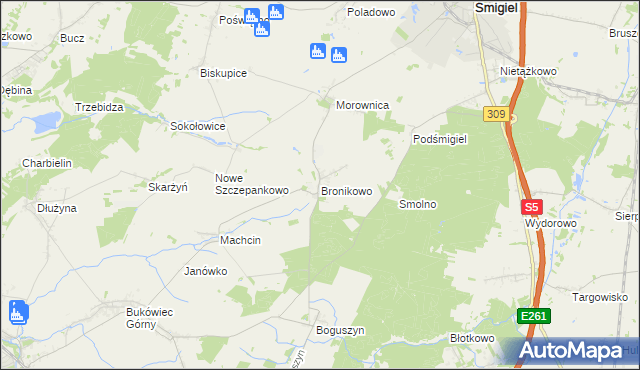 mapa Bronikowo gmina Śmigiel, Bronikowo gmina Śmigiel na mapie Targeo
