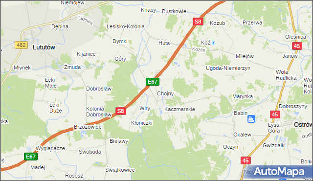 mapa Chojny gmina Lututów, Chojny gmina Lututów na mapie Targeo
