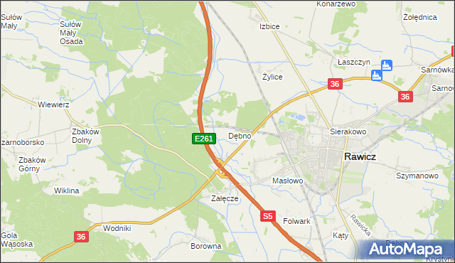 mapa Dębno gmina Rawicz, Dębno gmina Rawicz na mapie Targeo
