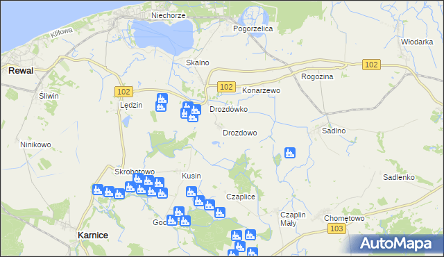 mapa Drozdowo gmina Karnice, Drozdowo gmina Karnice na mapie Targeo