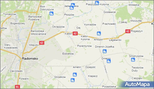 mapa Florentynów gmina Kodrąb, Florentynów gmina Kodrąb na mapie Targeo