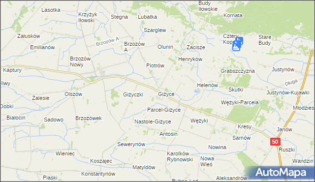 mapa Giżyce gmina Iłów, Giżyce gmina Iłów na mapie Targeo