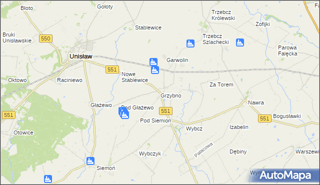 mapa Grzybno gmina Unisław, Grzybno gmina Unisław na mapie Targeo