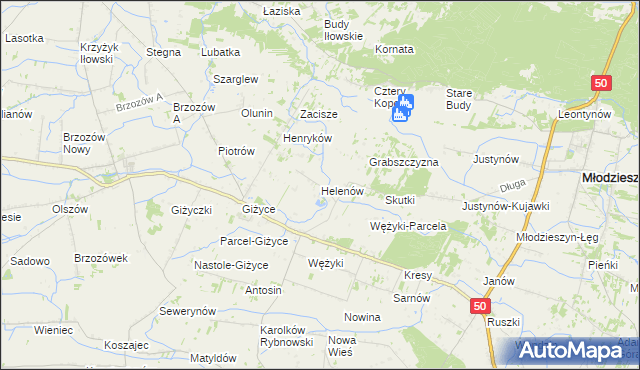 mapa Helenów gmina Młodzieszyn, Helenów gmina Młodzieszyn na mapie Targeo