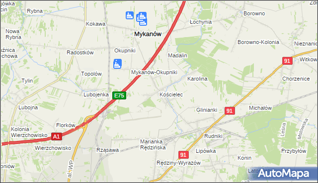 mapa Kościelec gmina Rędziny, Kościelec gmina Rędziny na mapie Targeo