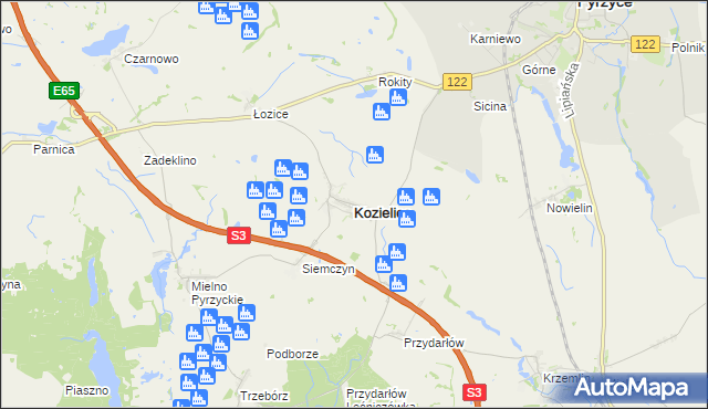 mapa Kozielice powiat pyrzycki, Kozielice powiat pyrzycki na mapie Targeo