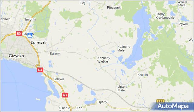 mapa Kożuchy Wielkie, Kożuchy Wielkie na mapie Targeo