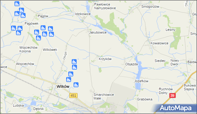 mapa Krzyków gmina Wilków, Krzyków gmina Wilków na mapie Targeo