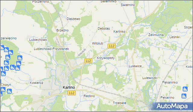 mapa Krzywopłoty gmina Karlino, Krzywopłoty gmina Karlino na mapie Targeo
