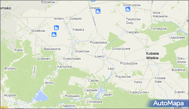 mapa Łowicz gmina Kobiele Wielkie, Łowicz gmina Kobiele Wielkie na mapie Targeo
