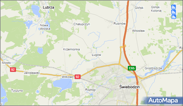 mapa Ługów gmina Świebodzin, Ługów gmina Świebodzin na mapie Targeo