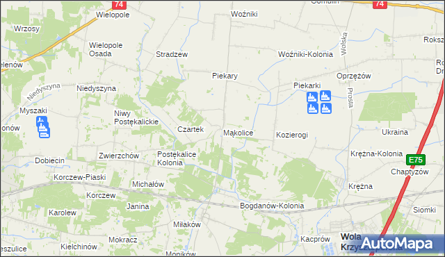mapa Mąkolice gmina Wola Krzysztoporska, Mąkolice gmina Wola Krzysztoporska na mapie Targeo