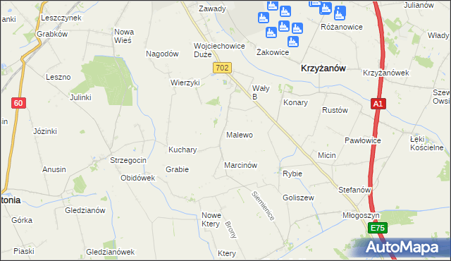 mapa Malewo gmina Krzyżanów, Malewo gmina Krzyżanów na mapie Targeo