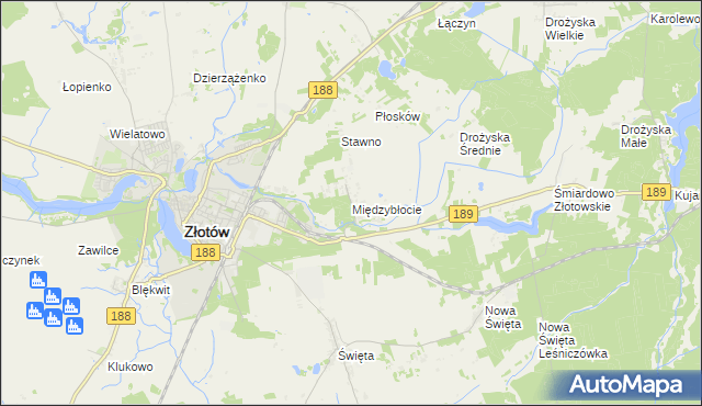 mapa Międzybłocie gmina Złotów, Międzybłocie gmina Złotów na mapie Targeo