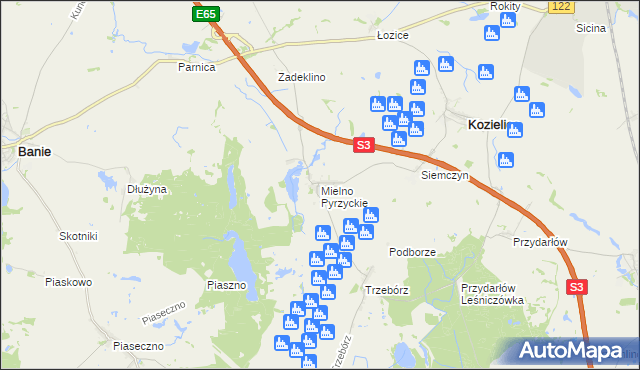 mapa Mielno Pyrzyckie, Mielno Pyrzyckie na mapie Targeo
