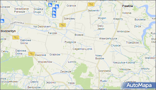 mapa Modrzewie gmina Pawłów, Modrzewie gmina Pawłów na mapie Targeo